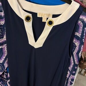 Michael Kors Navy and Cream Blouse with Gold Details